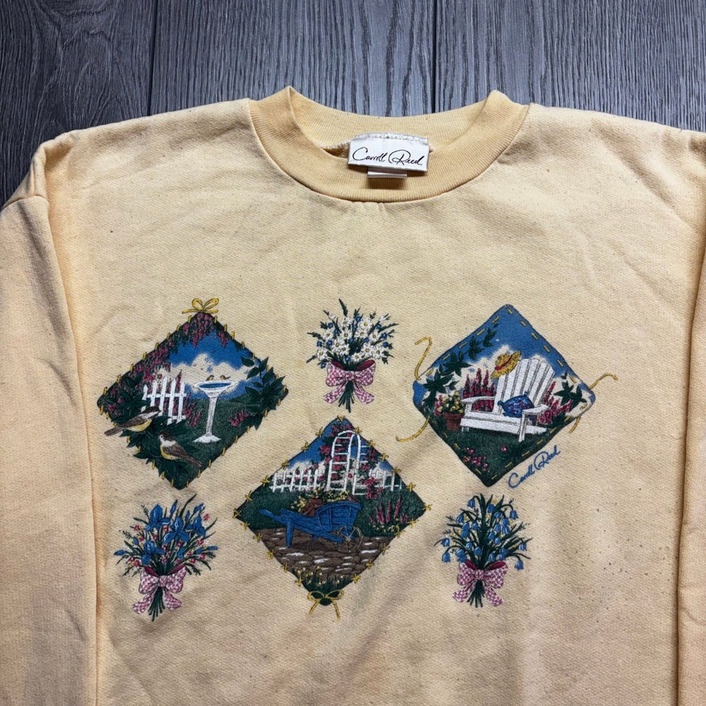 Vintage Carroll Reed Yellow Garden Graphic Sweatshirt 90s Cottagecore Large - Picture 2 of 9